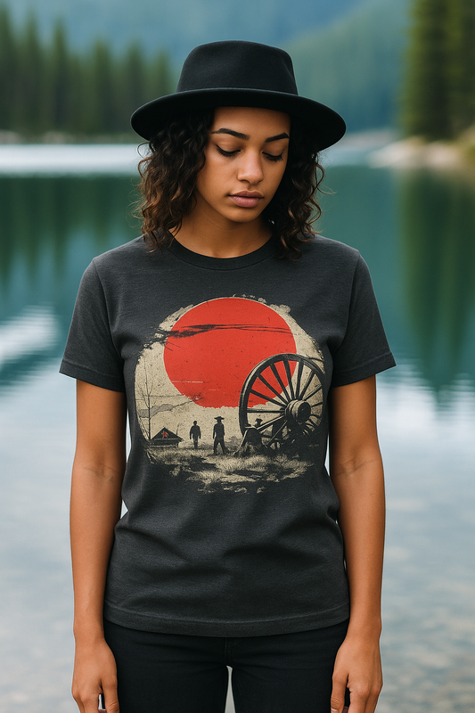 Western Sunset Outlaw Tee – Vintage Cowboy Wagon Wheel Graphic