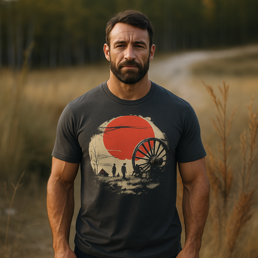 Western Sunset Outlaw Tee – Vintage Cowboy Wagon Wheel Graphic